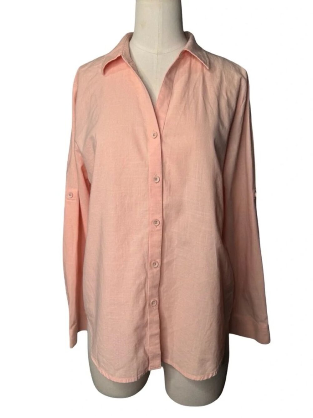 SAOVERE Peach Linen Blend Button Front Blouse Size S Roll Tab Sleeve Top